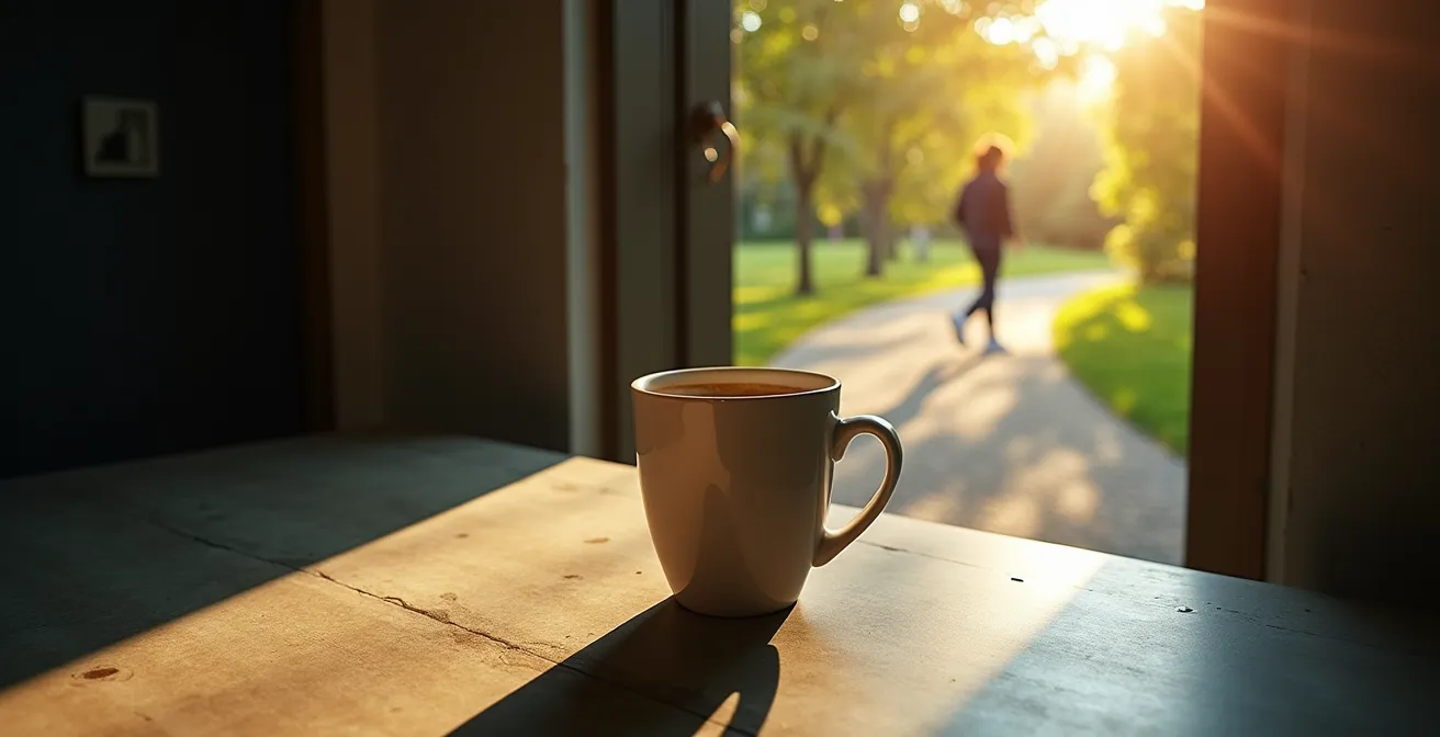 A person walking energetically in bright afternoon sunlight on a path outside a modern office building