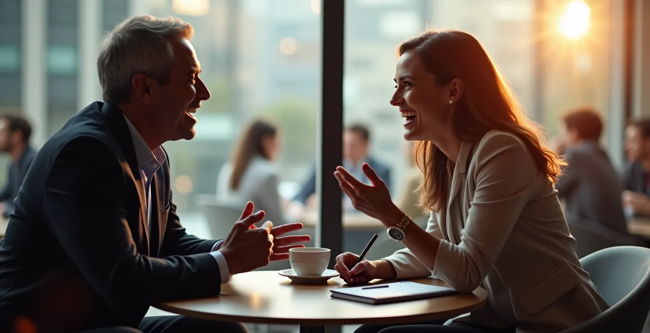Professionals engaged in meaningful one-on-one conversation at networking event