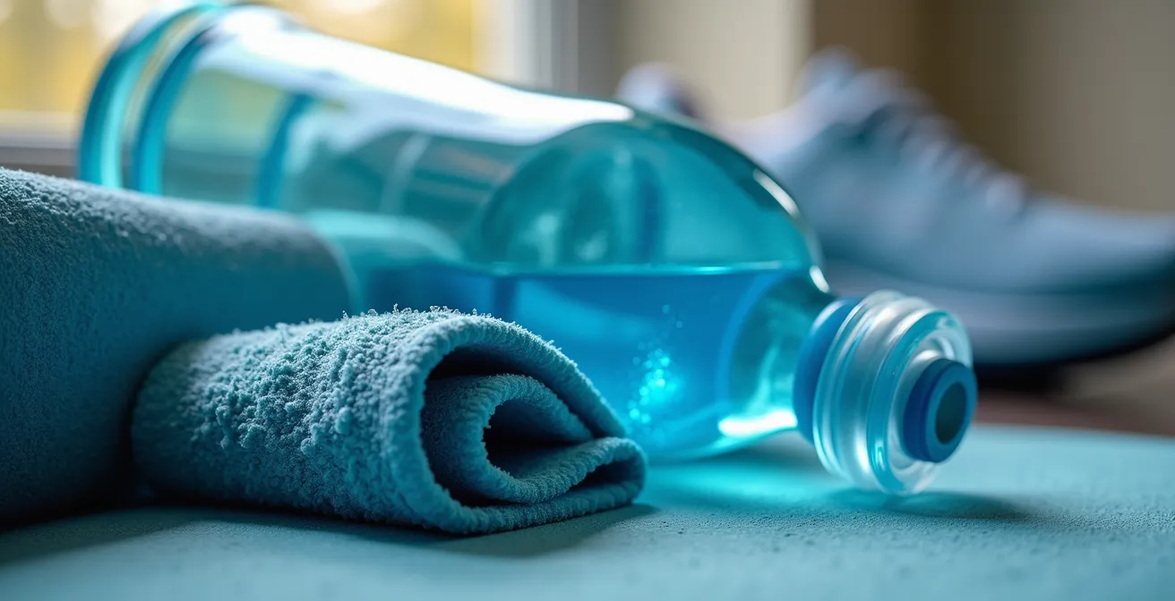 Athlete stretching peacefully in a home setting with foam roller and water bottle nearby, symbolizing recovery.