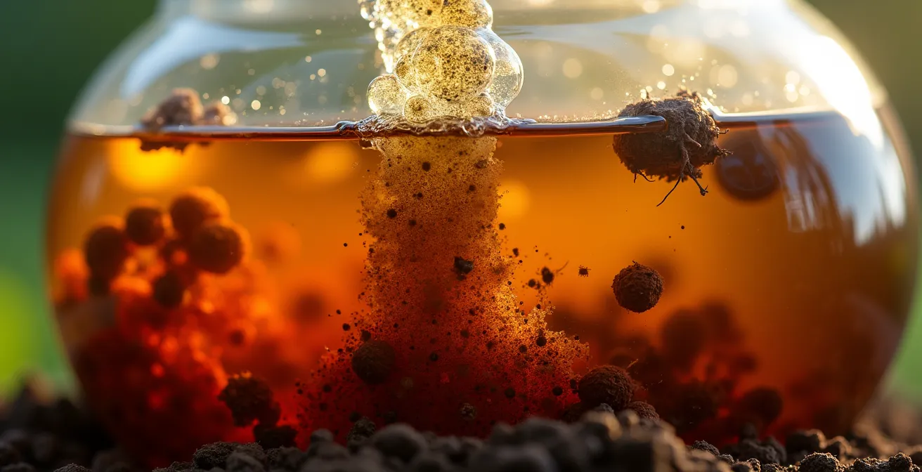 Close-up of aerated compost tea brewing with visible bubbles and organic matter