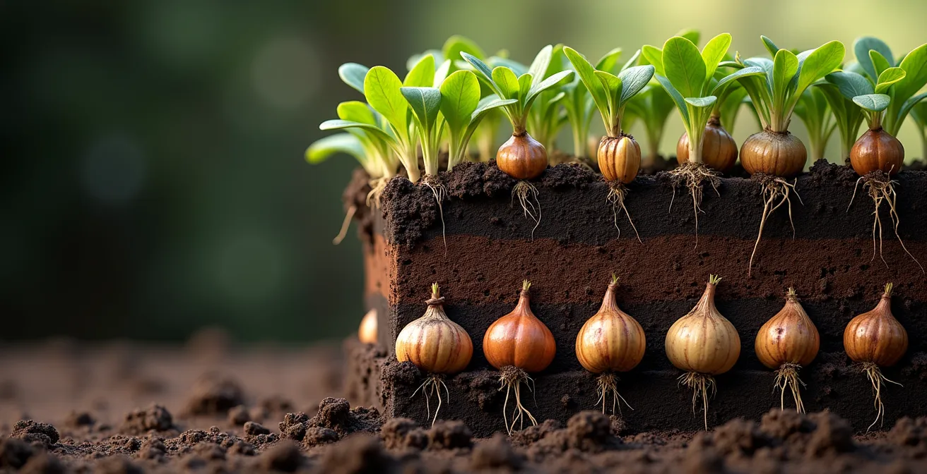 Cross-section view of layered bulb planting showing different depths and types