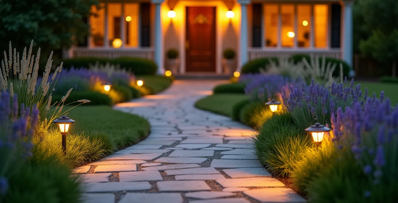 Gently curved garden path with ornamental grasses and soft landscape lighting leading to home entrance