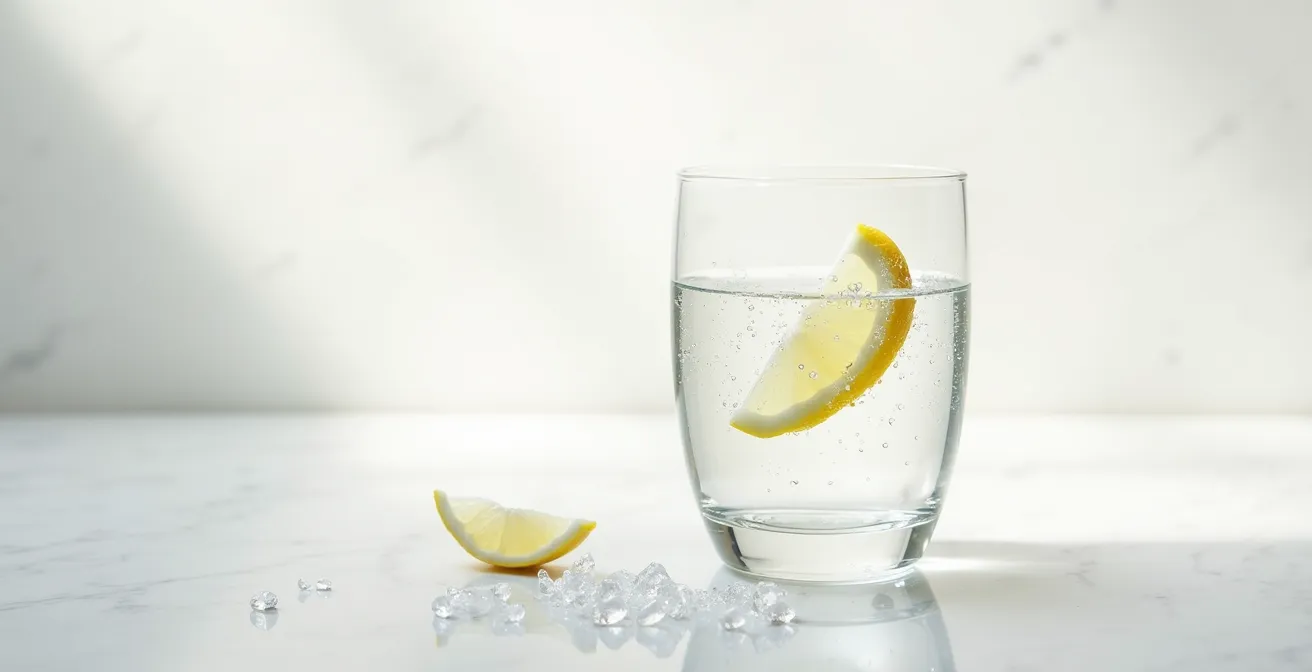 Glass of water with floating mineral crystals and lemon slice creating ripples