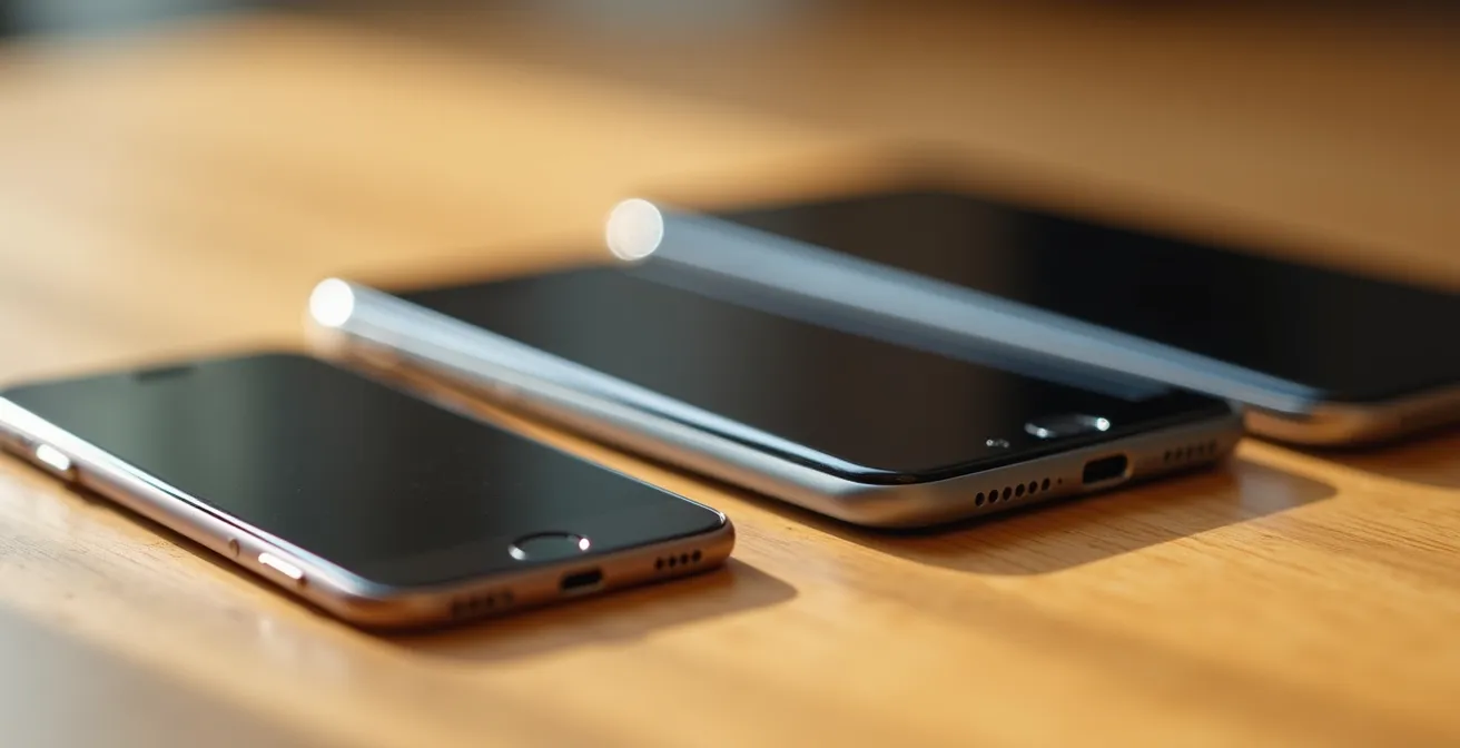 A progression of devices from a basic kids' smartwatch to a modern smartphone arranged on a wooden surface.