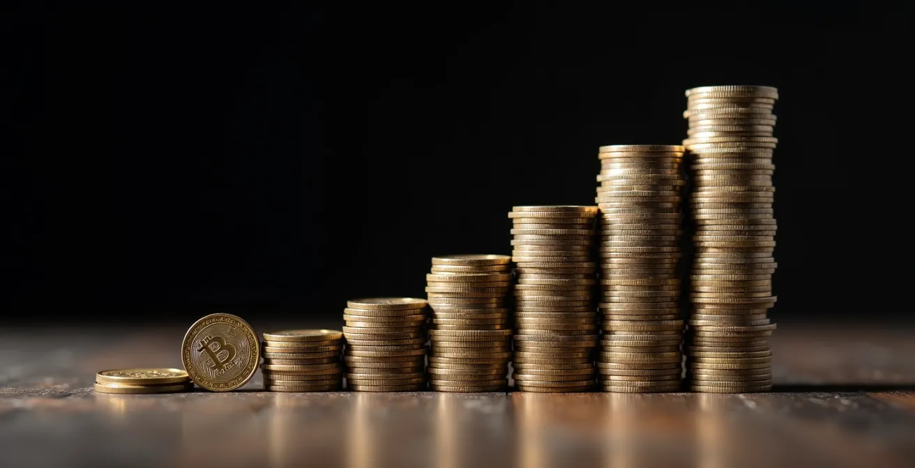 Macro shot of stacked coins showing exponential growth pattern