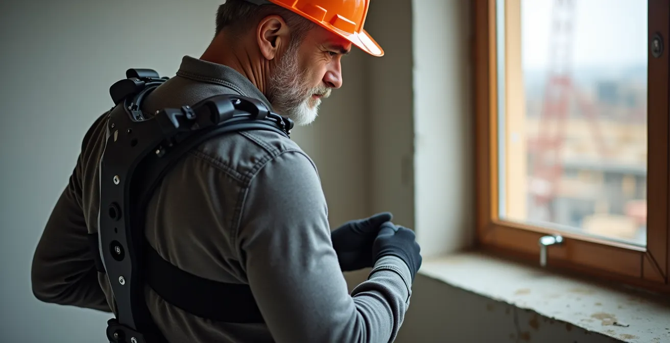 Construction worker wearing ergonomic support equipment on job site