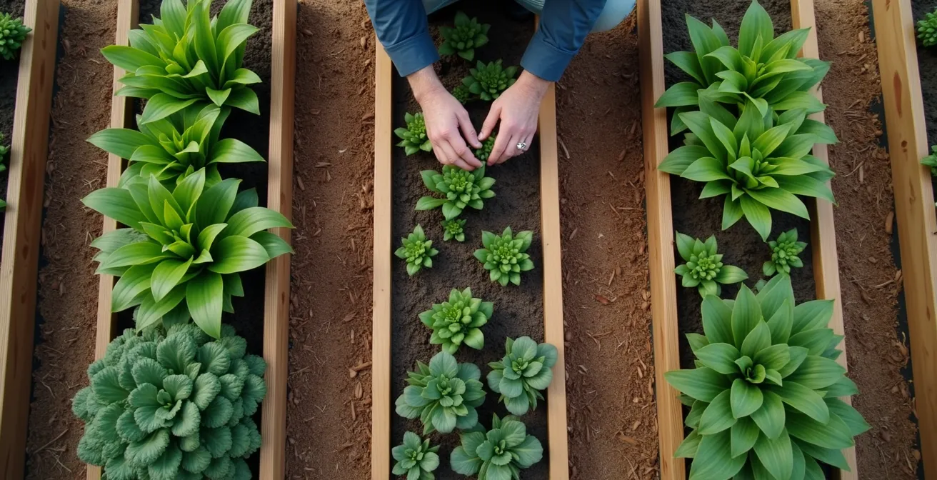 Aerial view of garden beds showing different crop families in rotation