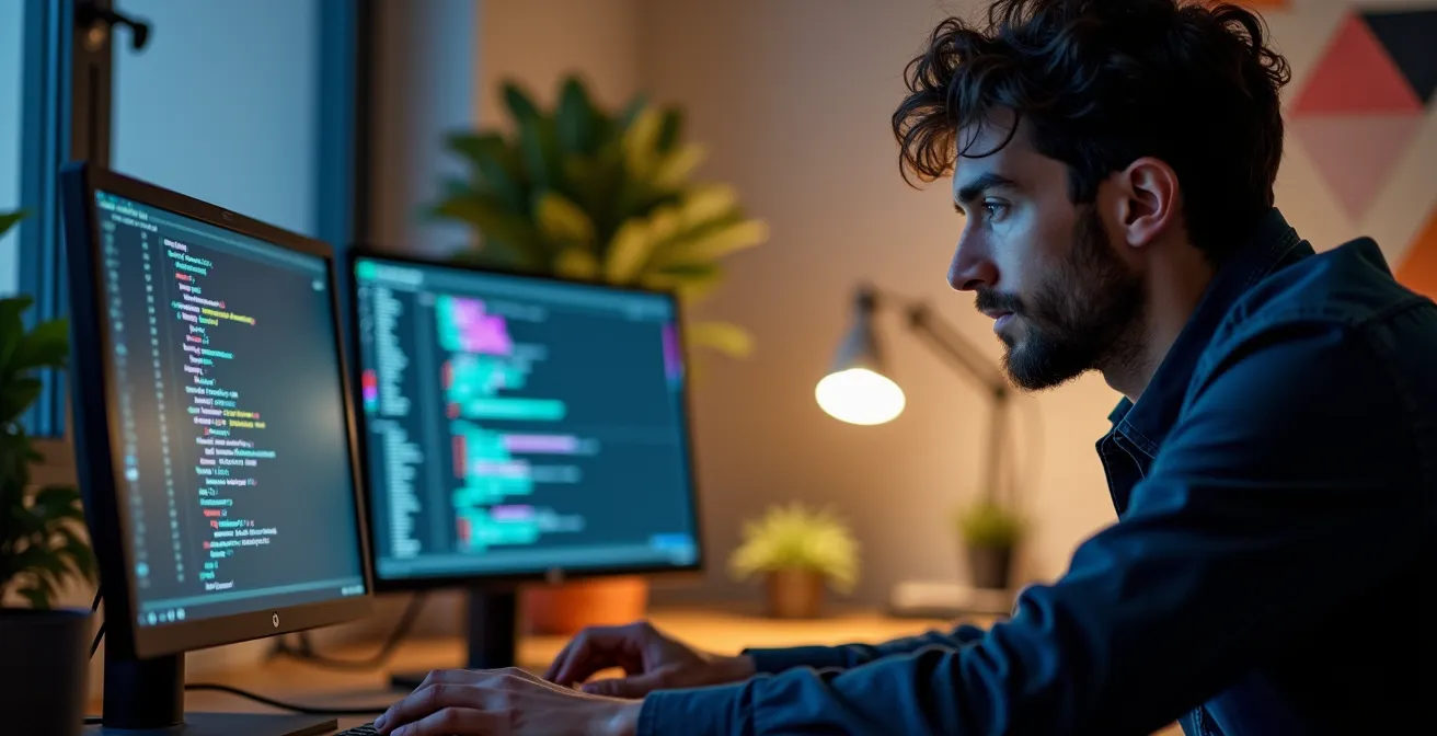 Developer reviewing code on dual monitors with abstract commit graph visualization in modern workspace