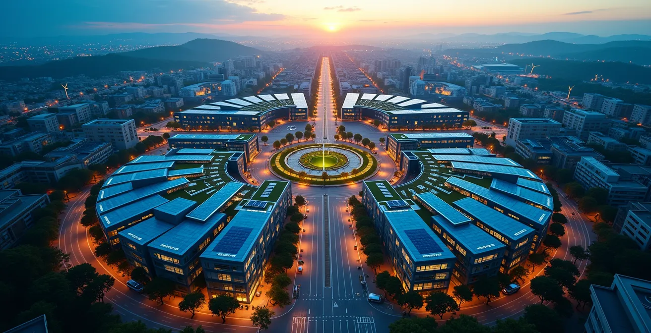 Aerial view of a modern sustainable city hub with renewable energy infrastructure and green buildings