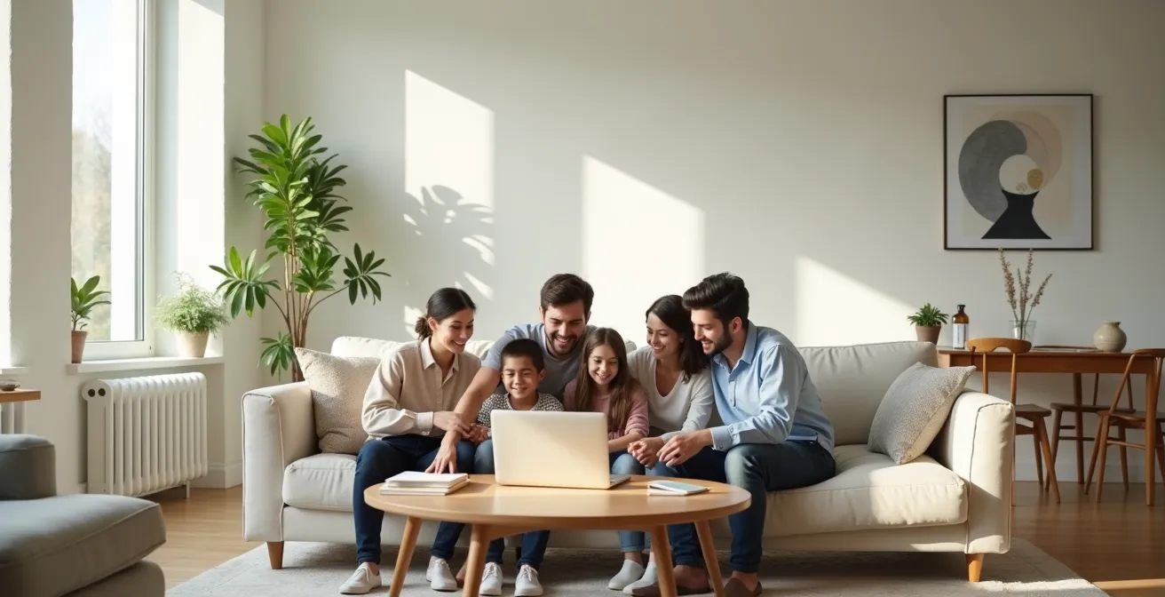 Family gathered around a laptop reviewing privacy settings together in a bright, modern living room.
