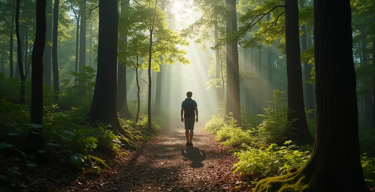 Person walking through forest for immune system diversity