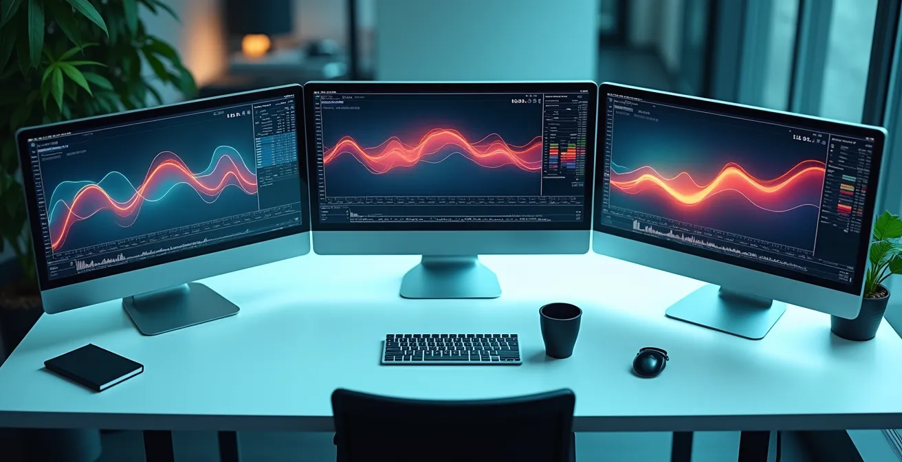 Multi-screen dashboard showing trend analysis without readable text