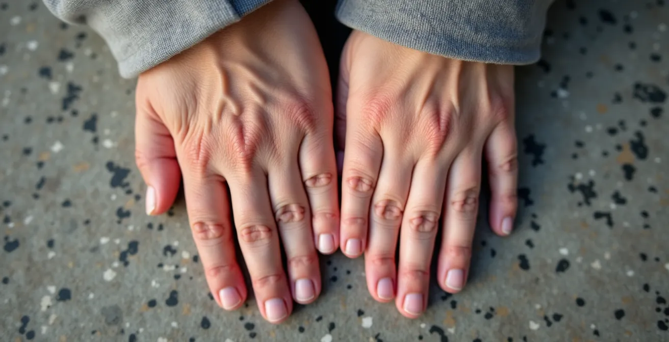 Close-up of hands pressing firmly against textured surface for grounding