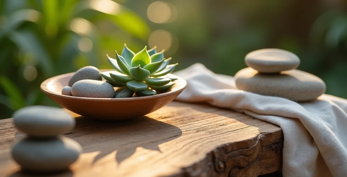 Close-up of natural wood grain patterns, stone textures, and green plant leaves creating a calming tactile environment