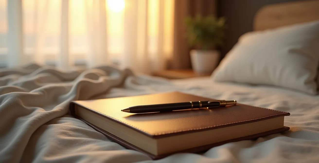 Evening journaling setup with notebook and pen on bedside table