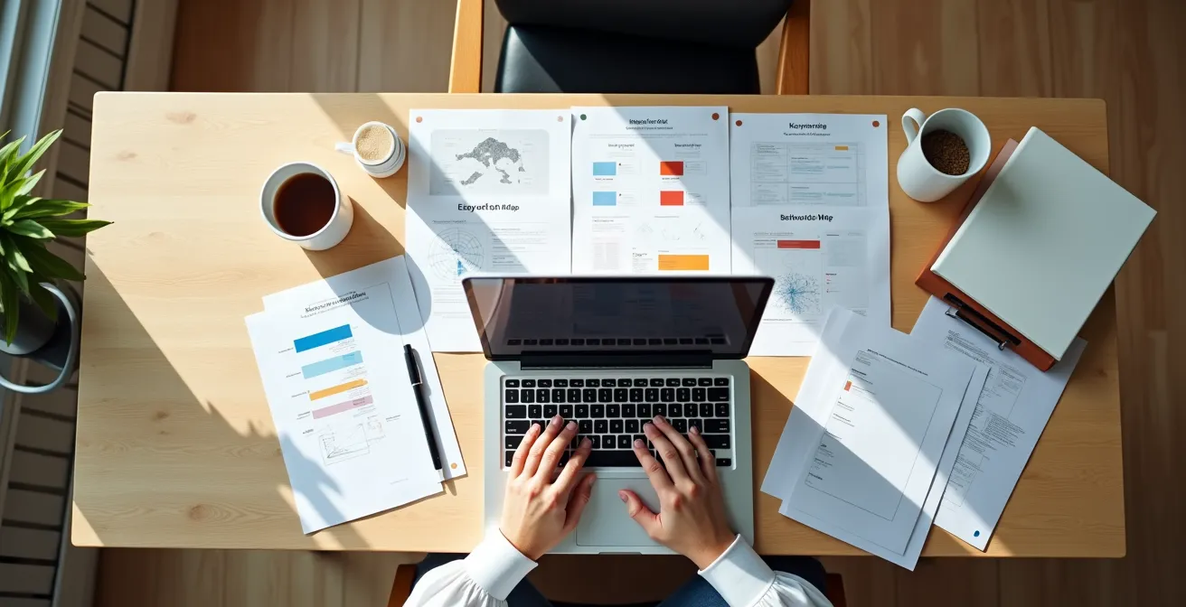 Professional workspace showing strategic LinkedIn profile optimization process