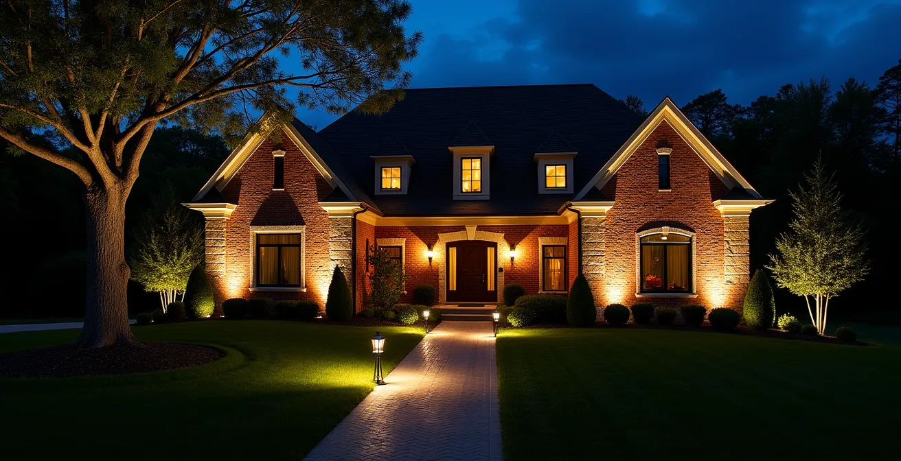 Night scene showing warm uplighting on home facade with pathway lights creating inviting entrance