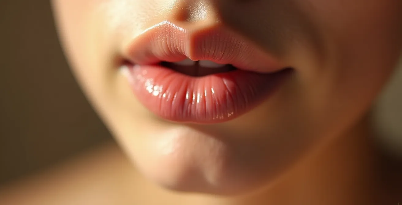 Extreme close-up of lips during controlled breathing exercise