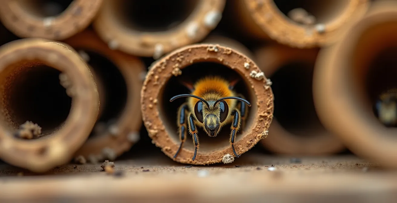 Close-up view of a solitary bee entering a bamboo tube nest in a bee hotel.