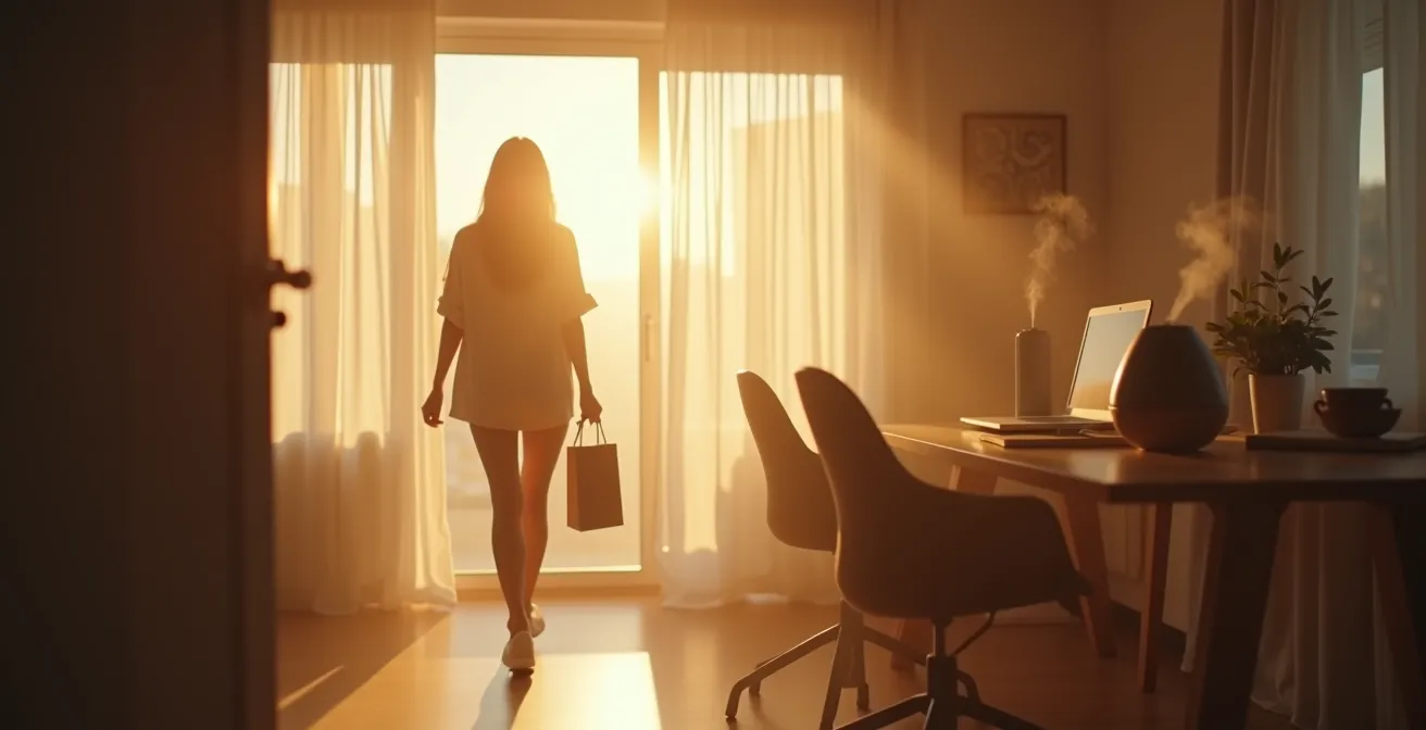 Morning transition ritual from a person walking from a bedroom to a dedicated home office workspace