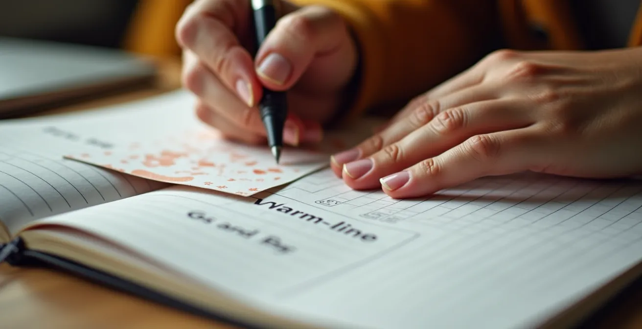 Person creating a mental health safety plan in a journal with crisis resources nearby