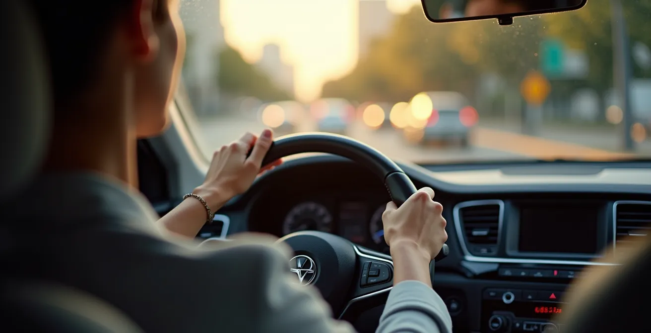 View through car window showing peaceful morning commute scene