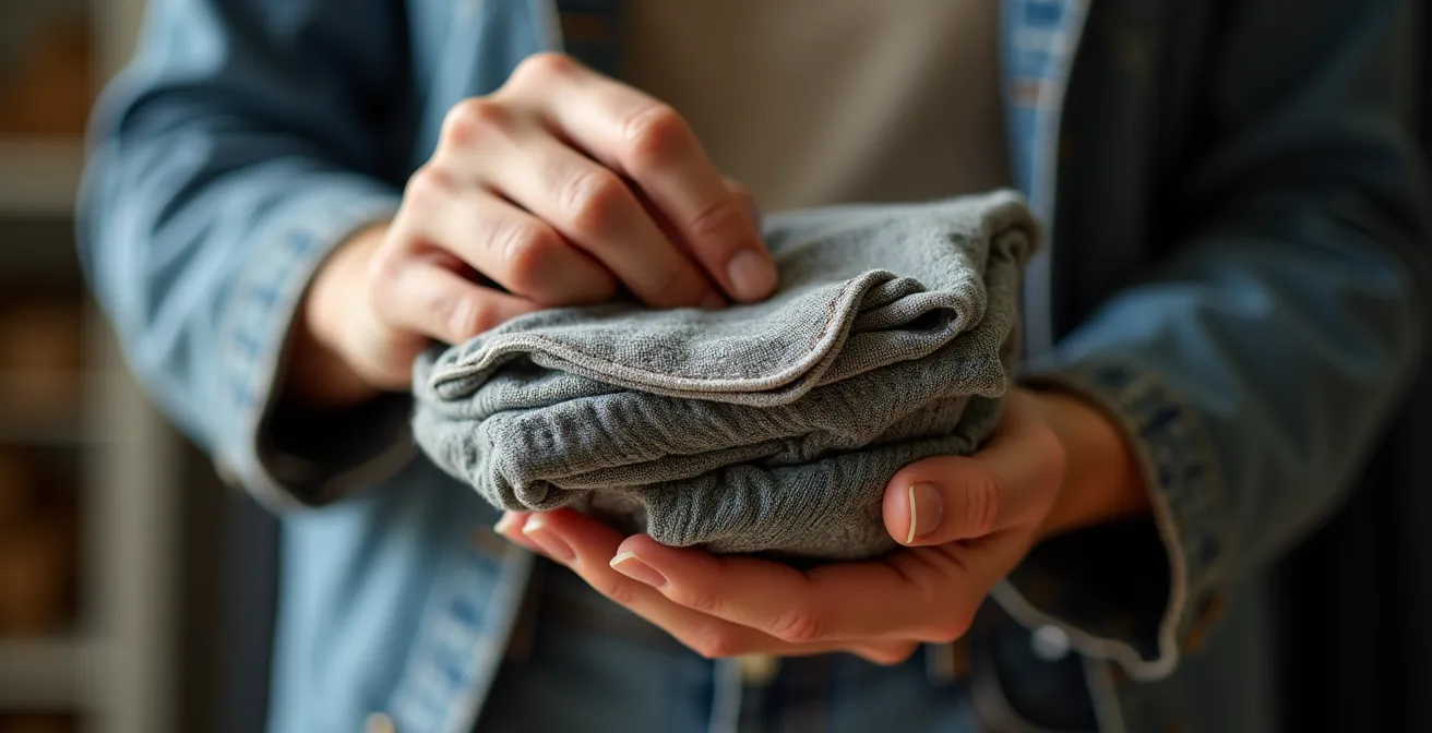 Person thoughtfully evaluating clothing items during a wardrobe audit