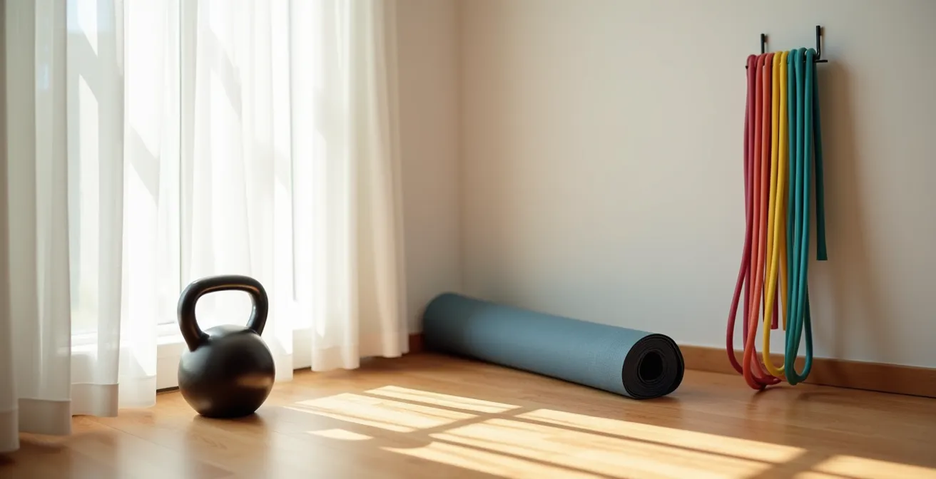 Compact home gym corner with essential equipment arranged efficiently