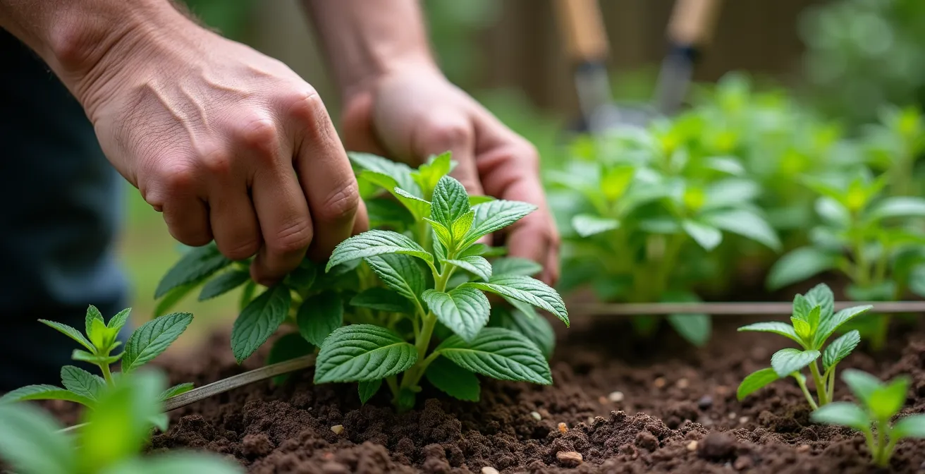 Aerial view of contained mint patch with natural barriers