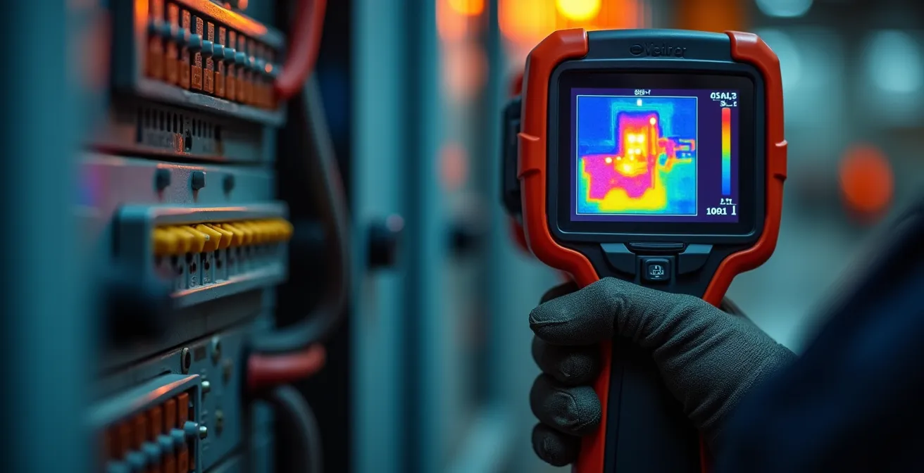 Electrician using thermal imaging camera on electrical panel