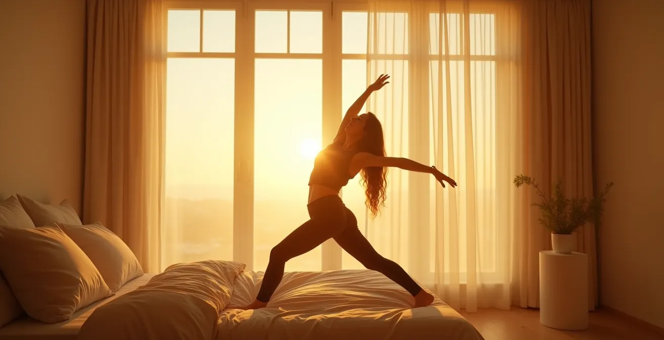 Bright morning sunlight flooding through a window onto a person stretching in a minimalist bedroom