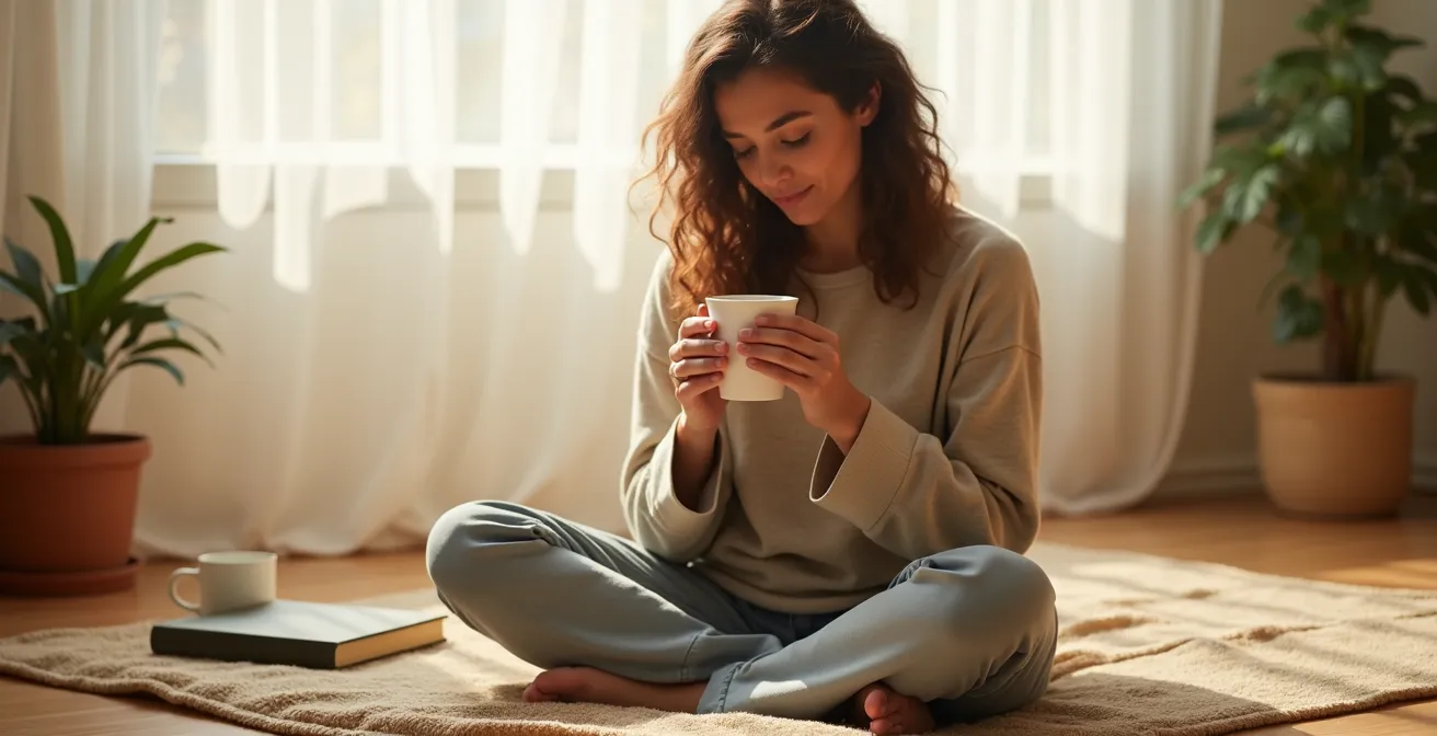Person sitting peacefully in morning light with journal and tea in a minimalist meditation space