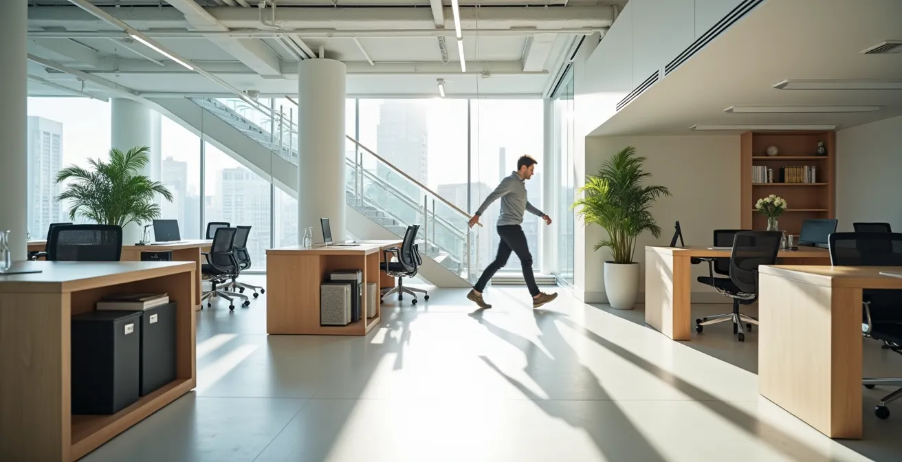 Office environment showcasing strategic movement opportunities throughout the workday