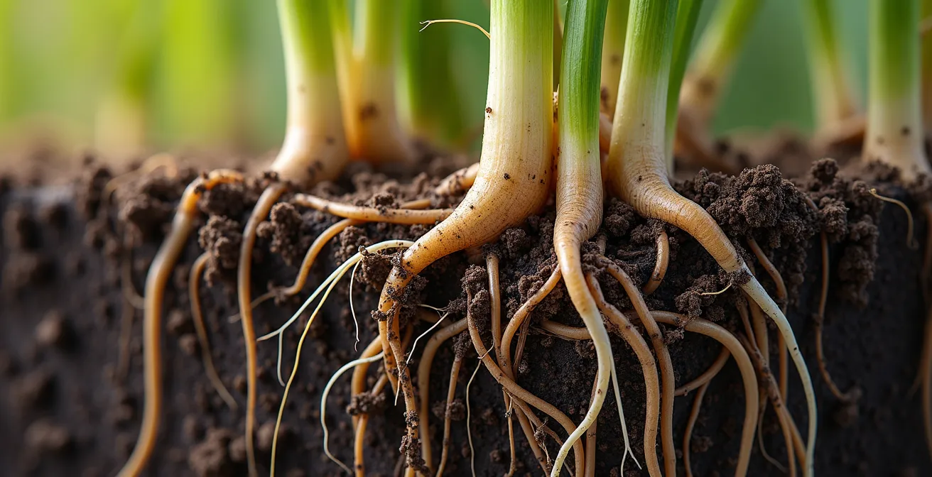 Macro view of native plant root systems penetrating deep soil layers