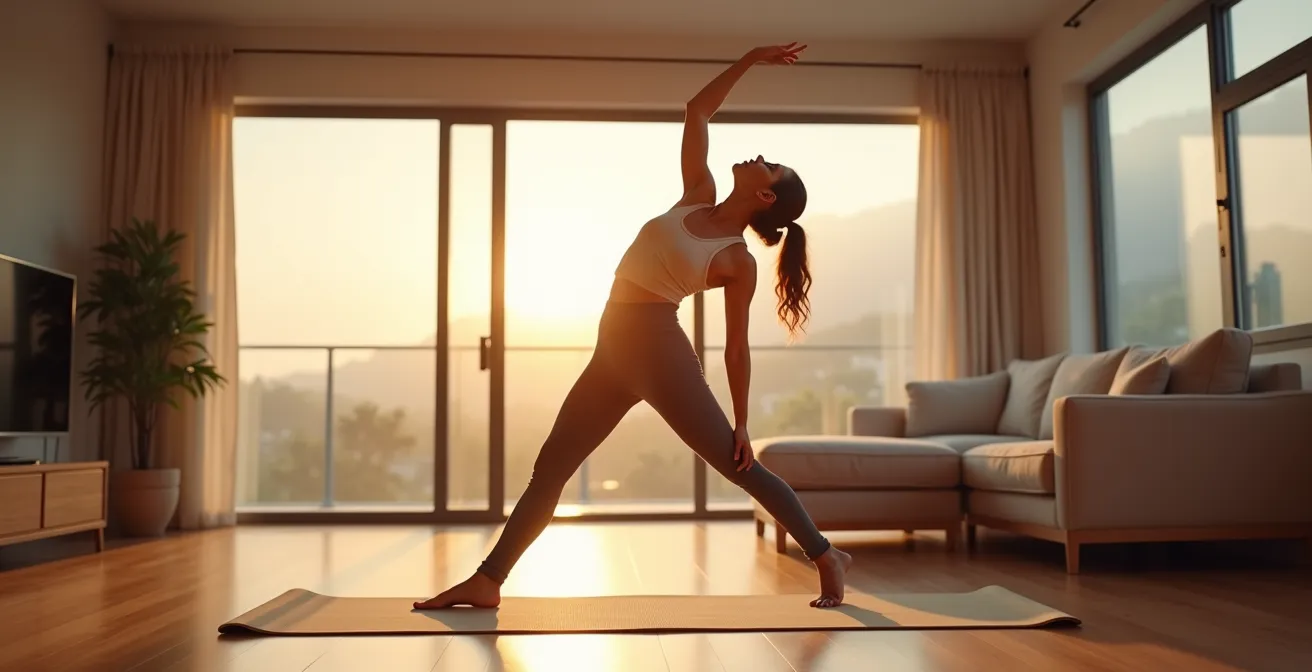 Person performing a gentle lateral stretch in evening light at home