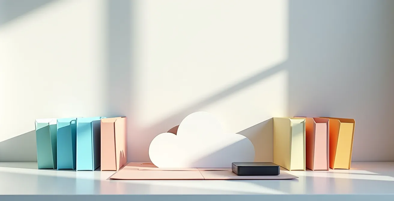 A clean and organized desk with color-coded folders and digital storage devices, representing a systematic approach to financial document management.