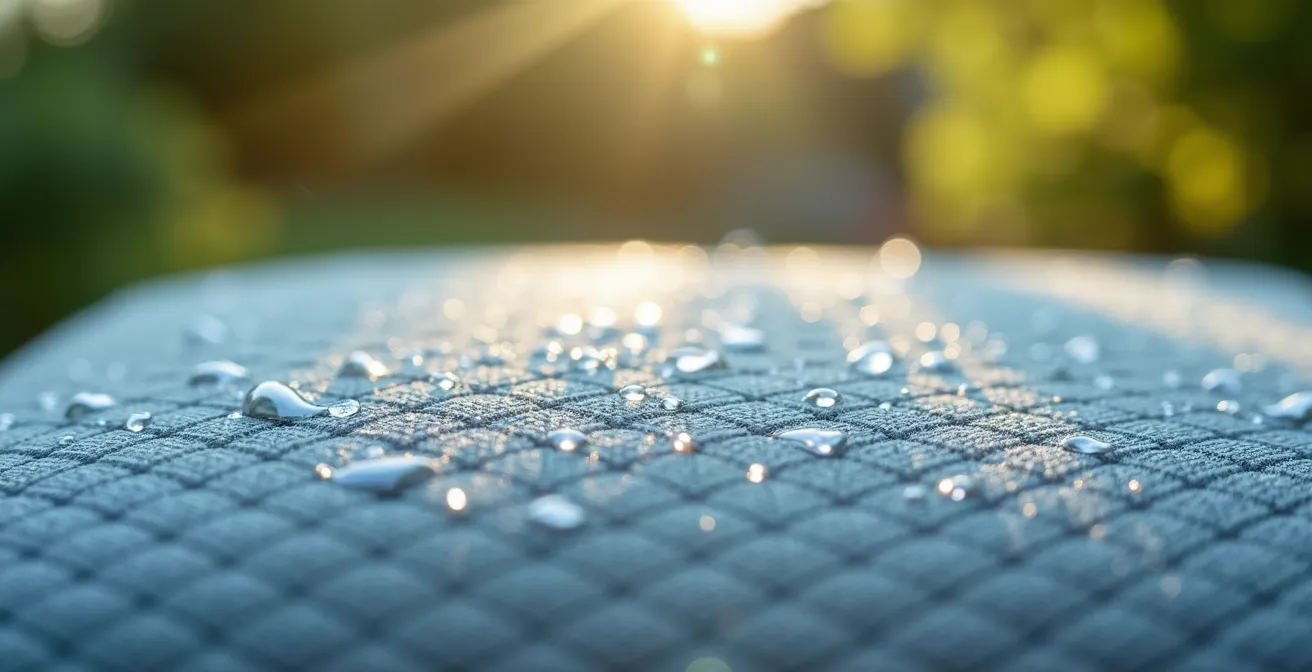 Close-up macro shot of water beading on treated outdoor cushion fabric