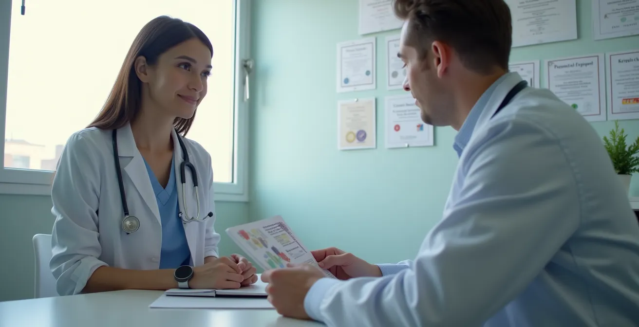 Patient discussing mental health concerns with doctor in a calm, professional medical office