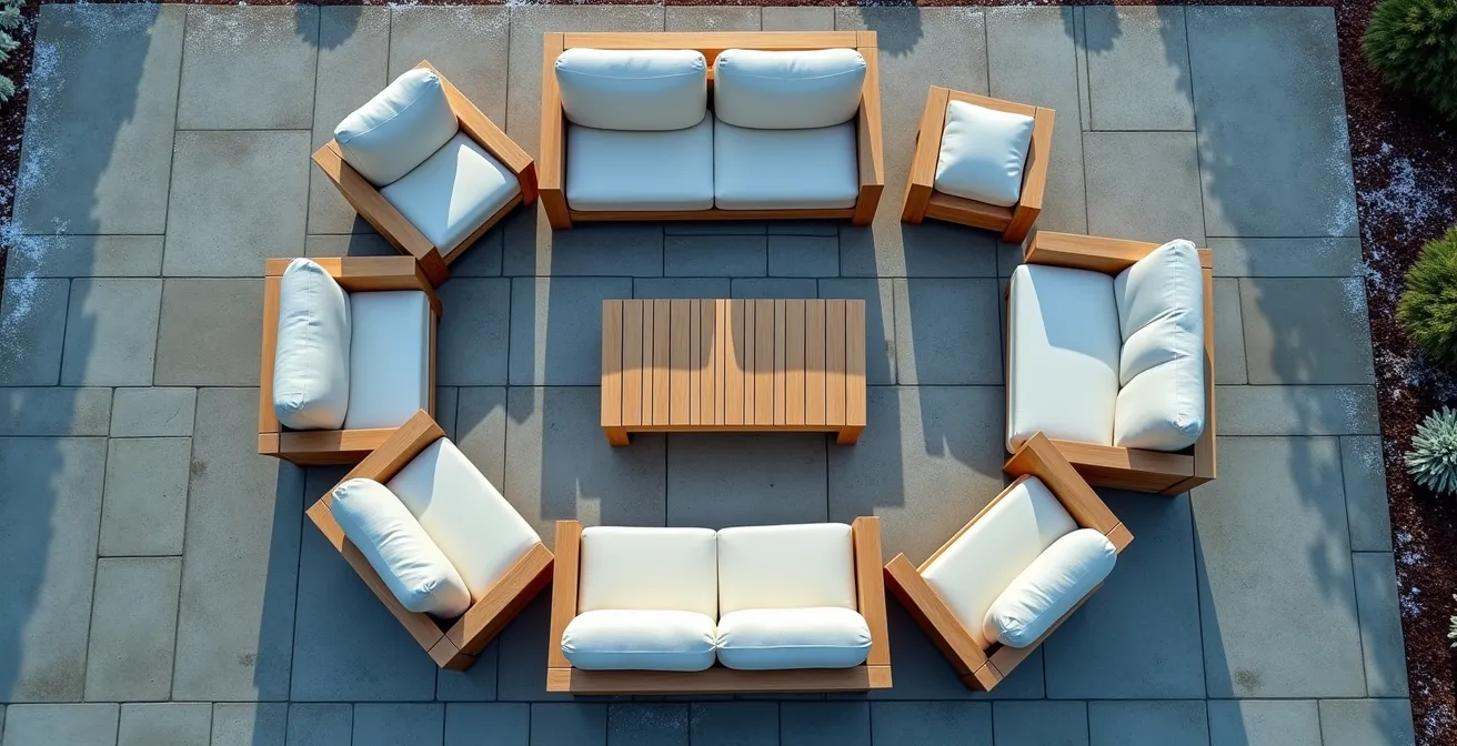 Aerial view of properly arranged and covered patio furniture for winter protection