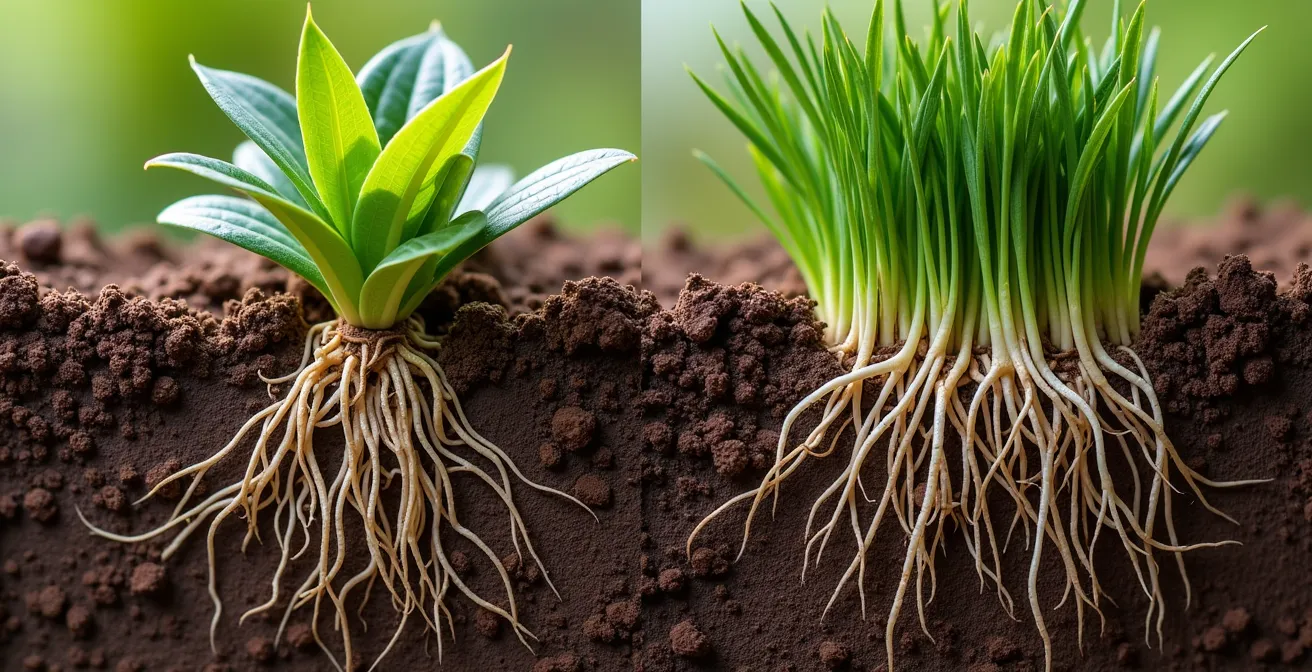 Close-up comparison showing clumping versus spreading growth patterns in perennials
