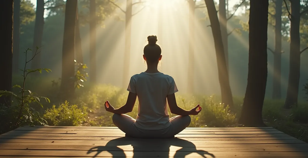 Person demonstrating the physiological sigh breathing technique in a calm outdoor setting