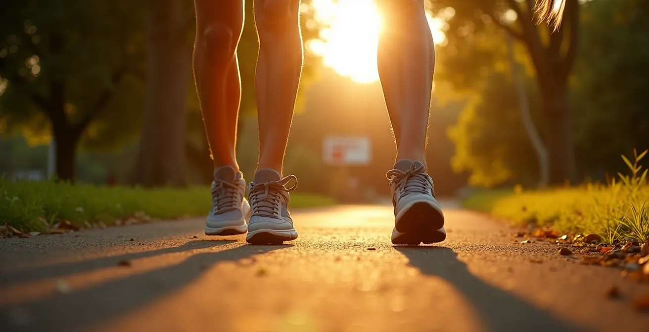 Person walking along a tree-lined path after a meal, demonstrating gentle exercise for blood sugar control