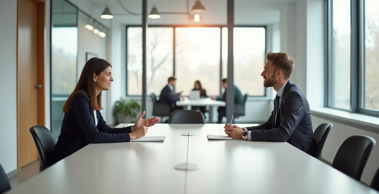 Professional having calm boundary discussion in modern office setting