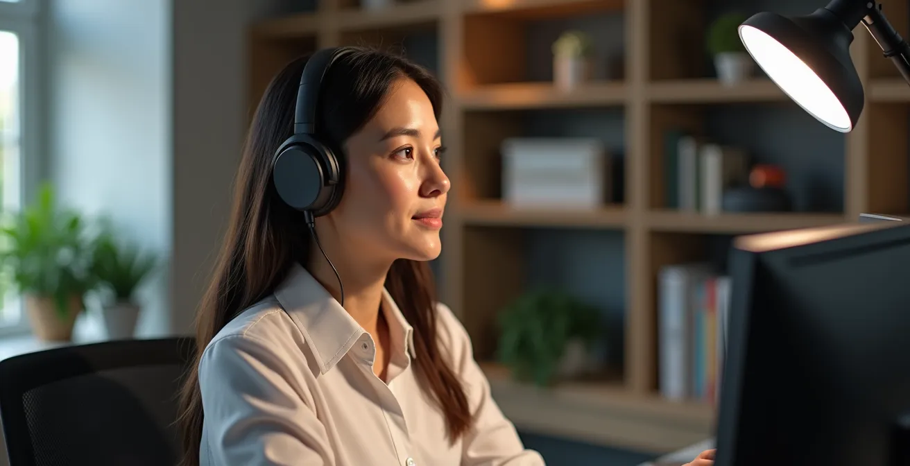 Optimized home office setup for lag-free video conferencing with good lighting and professional equipment.