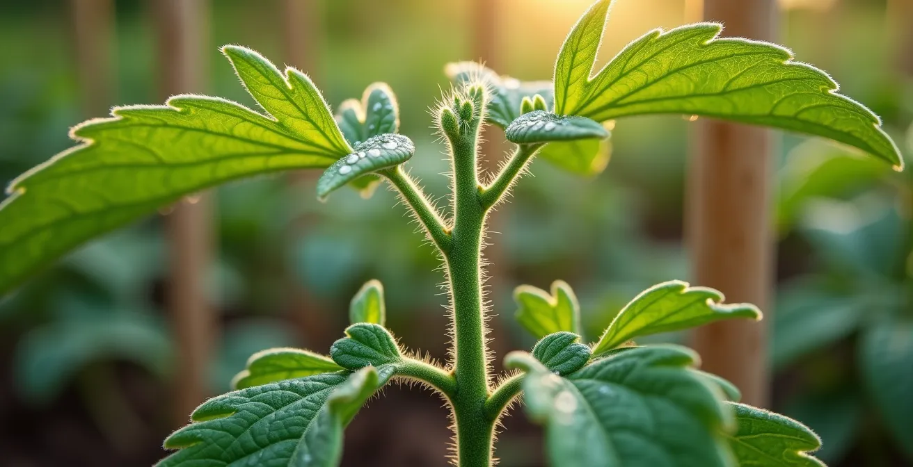 Close-up view of properly spaced tomato plants showing air circulation patterns