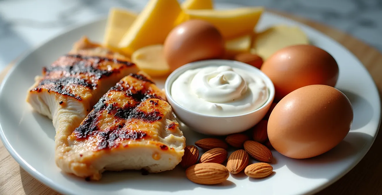 Macro photography of protein-rich foods showcasing texture and quality