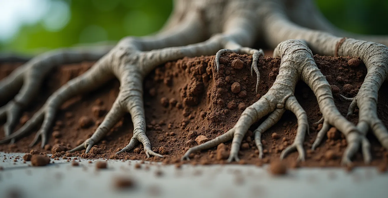 Cross-section view showing proper tree placement distances from house foundation with root systems