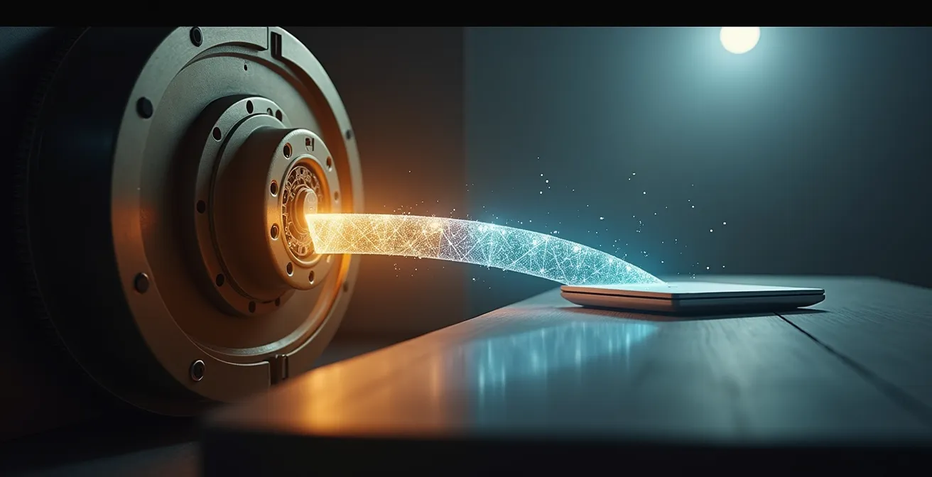 A professional setting showing a secure storage concept with a physical vault door and digital security elements, symbolizing the Vault & Briefcase strategy.