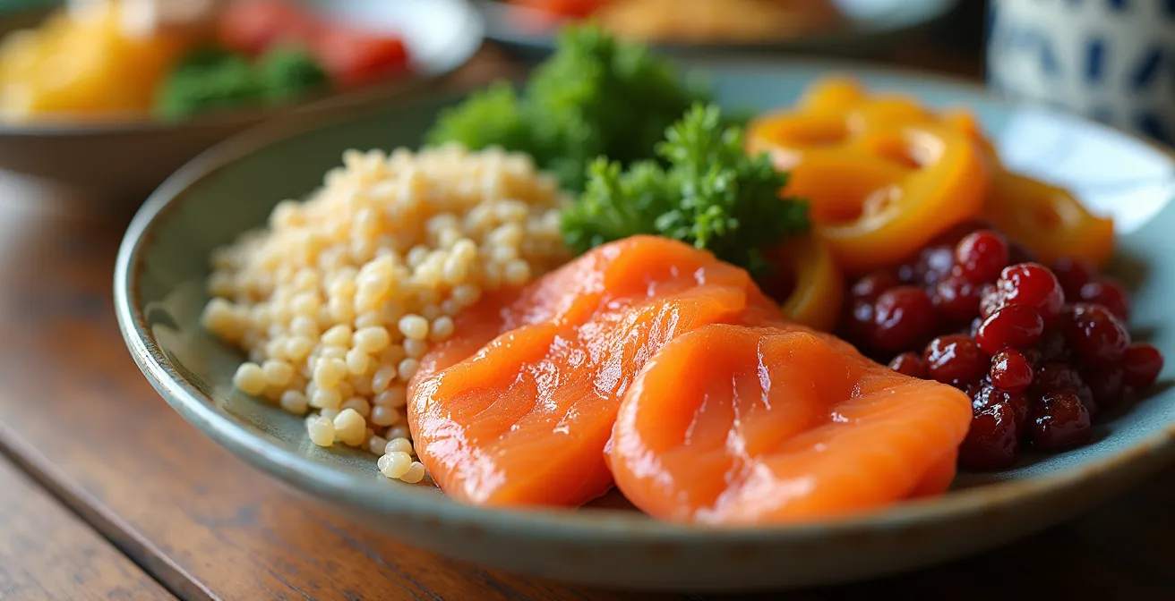Five colorful meal prep containers with brain-healthy ingredients arranged artistically