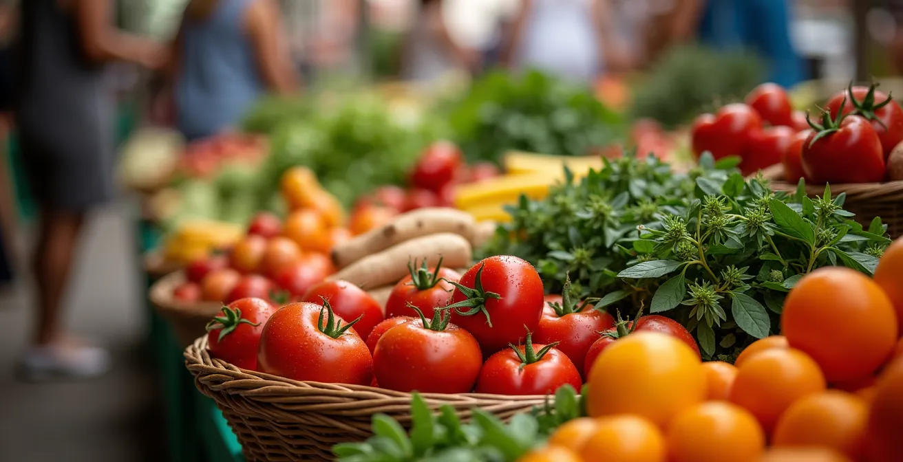 Vibrant farmers market scene showcasing fresh produce and direct purchasing
